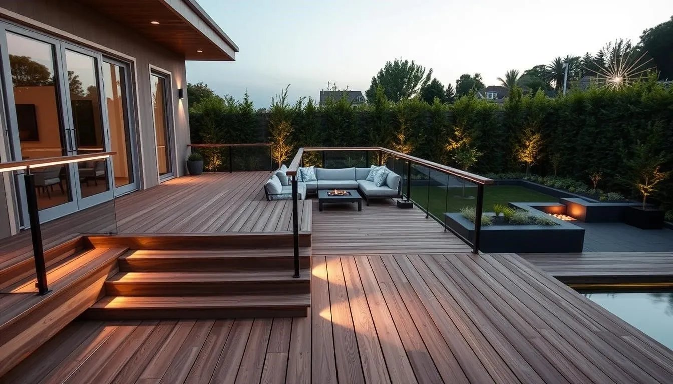 Modern illuminated wood deck with built-in seating, water feature, and landscaped trees at dusk